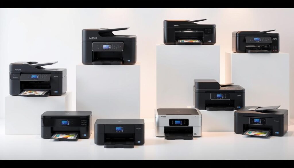 A high-quality image showcasing the top home printers in Singapore, captured in a well-lit studio setting with a clean, minimalist backdrop. The printers are arranged in a visually appealing grid, each one highlighted with perfect lighting, sharp focus, and accurate color representation. The image conveys a sense of professionalism and attention to detail, allowing potential buyers to carefully compare the features and specifications of the various models. The overall mood is one of informative clarity, guiding the viewer through the key attributes of the top home printers available in the local market.