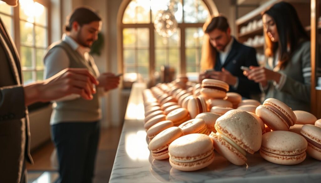 A high-quality macaron shop, warm afternoon sunlight filtering through large windows, highlighting the delicate pastel hues of an assortment of freshly baked macarons elegantly displayed on a marble countertop. Close-up view showcasing the smooth, glossy shells and the vibrant, creamy fillings peeking out. Customers examining the macarons, gently picking them up, evaluating their texture and appearance. A sense of care, attention to detail, and artisanal craftsmanship permeates the scene.