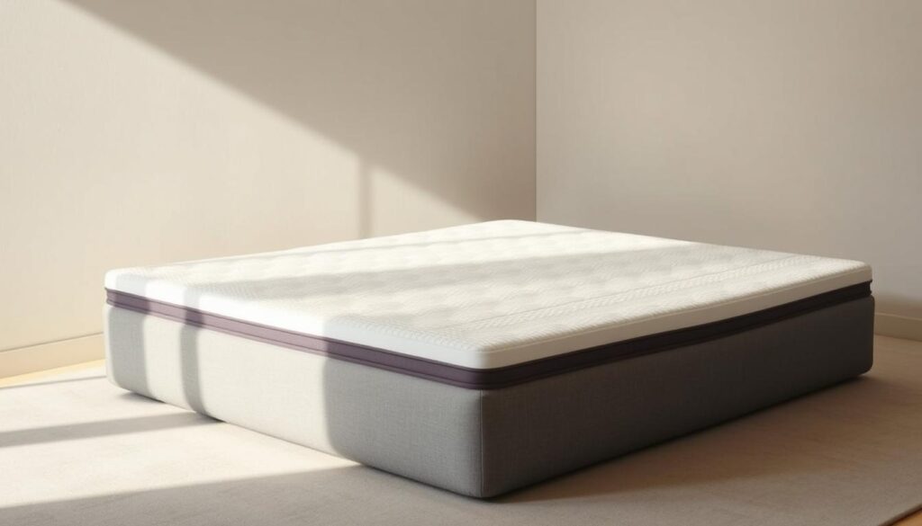 A high-quality memory foam mattress topper designed to alleviate back pain and provide superior spinal support. The topper is featured in a well-lit, minimalist bedroom setting, with soft, diffused lighting illuminating its plush, contouring surface. The topper is placed atop a simple, neutral-toned mattress, showcasing its ability to transform an ordinary bed into a rejuvenating sleep experience. The composition emphasizes the topper's ergonomic design, highlighting its ability to conform to the natural curves of the body and distribute weight evenly, promoting proper alignment and pressure relief. The overall atmosphere conveys a sense of comfort, relaxation, and restorative sleep.