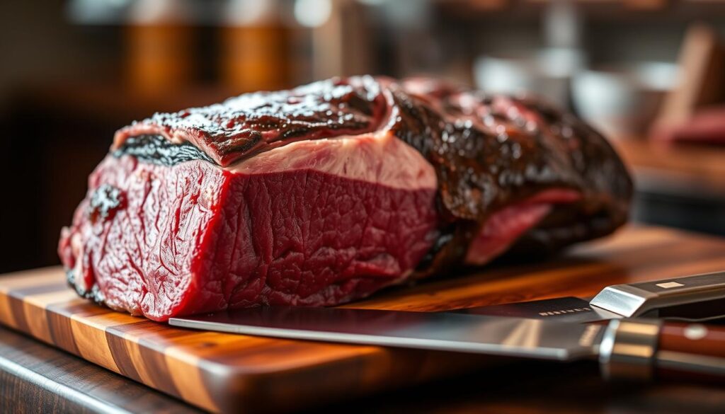 A high-quality, premium cut of meat, expertly butchered and presented on a wooden cutting board. The meat glistens under warm, natural lighting, showcasing its rich, marbled texture and deep red hue. In the foreground, a sharp, gleaming knife rests beside the meat, hinting at the skilled hands that prepared it. The background is softly blurred, allowing the viewer to focus on the meat's exceptional quality and craftsmanship. An atmosphere of culinary excellence and artisanal attention to detail permeates the scene, reflecting the commitment to delivering the finest meats.