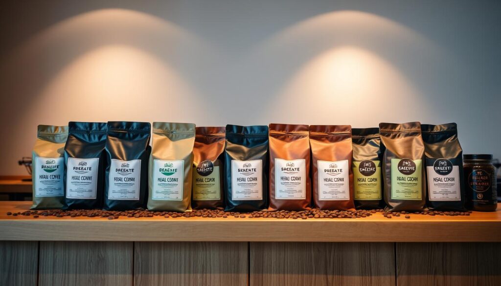 A high-quality, premium roast selection featuring a diverse array of coffee beans, skillfully roasted to perfection, displayed on a sleek, minimalist wooden countertop. The lighting is soft and warm, casting a cozy, inviting ambiance. The arrangement of the coffee bags is visually appealing, with each one showcasing its unique label and branding. The background is a clean, uncluttered space, allowing the focus to remain on the exceptional coffee selection. The overall impression is one of quality, craftsmanship, and a dedication to providing the best possible coffee experience.