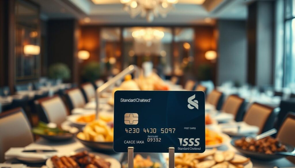 A high-quality, richly detailed image of a Standard Chartered credit card displayed prominently in the foreground, casting a soft, warm glow over a table set with an array of delectable buffet dishes in the middle ground. The background should feature a subtly blurred, upscale dining establishment, with elegant furnishings and decor that evoke a sense of refined ambiance. The lighting should be carefully balanced, creating a inviting, appetizing atmosphere that highlights the credit card and the mouthwatering food. The overall composition should convey the luxurious dining experience enabled by the Standard Chartered credit card promotions.