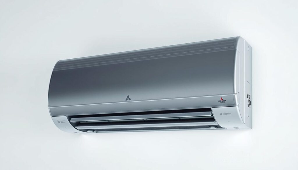 A high-quality, sleek, and modern air conditioning unit from the Mitsubishi Electric Starmex series, captured in a well-lit, professional studio setting. The unit is showcased against a clean, minimalist background, allowing its elegant design and premium build quality to take center stage. Soft, directional lighting accentuates the curves and lines of the appliance, creating a sense of depth and three-dimensionality. The image conveys a sense of reliability, efficiency, and advanced technology, reflecting the reputation of Mitsubishi Electric as a leading manufacturer of premium HVAC solutions.