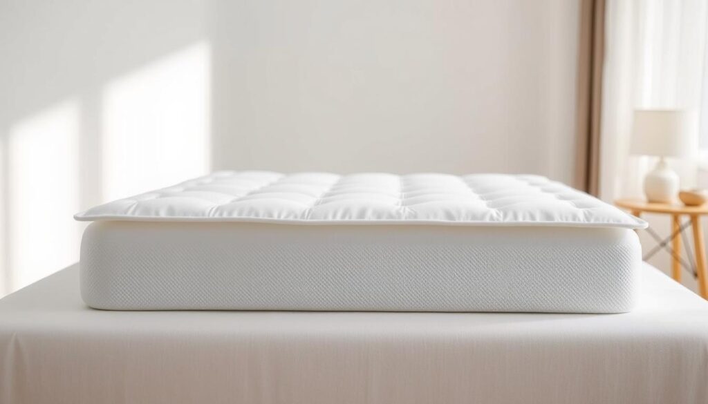 A high-quality, ultra-plush cooling mattress topper for a hot and humid climate. The topper is made of breathable, temperature-regulating materials that dissipate heat and wick away moisture, ensuring a cool and comfortable sleep. It has a modern, minimalist design with a pristine white color scheme that blends seamlessly with any bedroom decor. The topper is shown in a well-lit, airy setting, with soft, diffused lighting highlighting its luxurious texture and premium feel. The image is captured at a slightly elevated angle, showcasing the topper's depth and providing a sense of its substantial yet conforming nature. An atmosphere of tranquility and restfulness pervades the scene, conveying the topper's ability to deliver a rejuvenating night's sleep even in Singapore's warm climate.