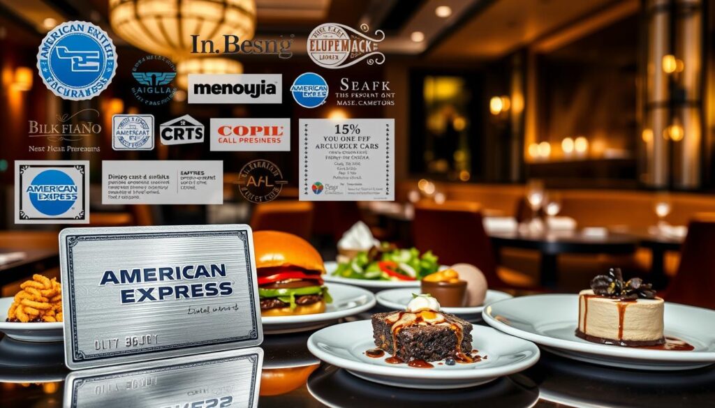 A high-quality, well-lit photo showcasing an assortment of American Express dining promotions. In the foreground, a metal American Express card shines against a backdrop of various restaurant logos, special offers, and discount coupons. The middle ground features several dishes, such as a gourmet burger, a fresh salad, and a decadent dessert, all presented on elegant white plates. The background depicts a refined, dimly lit restaurant interior with plush upholstery, candlelight, and a sophisticated ambiance. The overall scene conveys an atmosphere of elevated dining experiences and exclusive benefits for American Express cardholders.