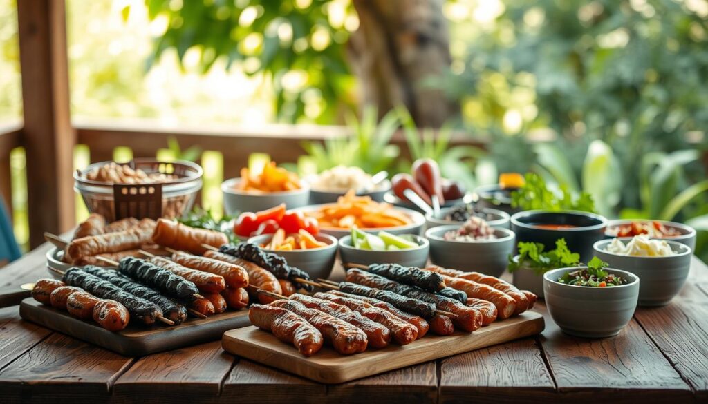 A high-quality, well-lit photograph of a rustic wooden table displaying various BBQ package options. In the foreground, a selection of grilled meats, sausages, and skewers arranged neatly on a cutting board. In the middle ground, an array of salads, side dishes, and condiments in stylish ceramic bowls. The background features a backdrop of lush greenery, hinting at an outdoor BBQ setting. The lighting is warm and inviting, casting a soft glow over the scene. The overall composition is visually appealing, highlighting the diverse range of BBQ catering options available. A high-quality, well-lit photograph of a rustic wooden table displaying various BBQ package options. In the foreground, a selection of grilled meats, sausages, and skewers arranged neatly on a cutting board. In the middle ground, an array of salads, side dishes, and condiments in stylish ceramic bowls. The background features a backdrop of lush greenery, hinting at an outdoor BBQ setting. The lighting is warm and inviting, casting a soft glow over the scene. The overall composition is visually appealing, highlighting the diverse range of BBQ catering options available.