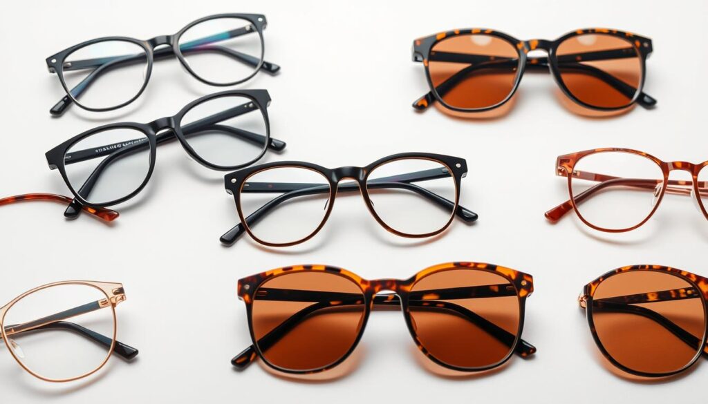 A high-quality, well-lit studio photo of a variety of trendy eyewear frames from the Oblique Eyewear brand, prominently displayed on a sleek, minimalist white background. The frames should feature a range of modern and stylish designs, including bold geometric shapes, subtle metallic accents, and distinctive tortoiseshell patterns. Capture the frames from multiple angles, highlighting their exceptional craftsmanship and attention to detail. The overall composition should convey a sense of sophistication, accessibility, and the brand's commitment to providing quick, personalized service to its customers in Singapore.