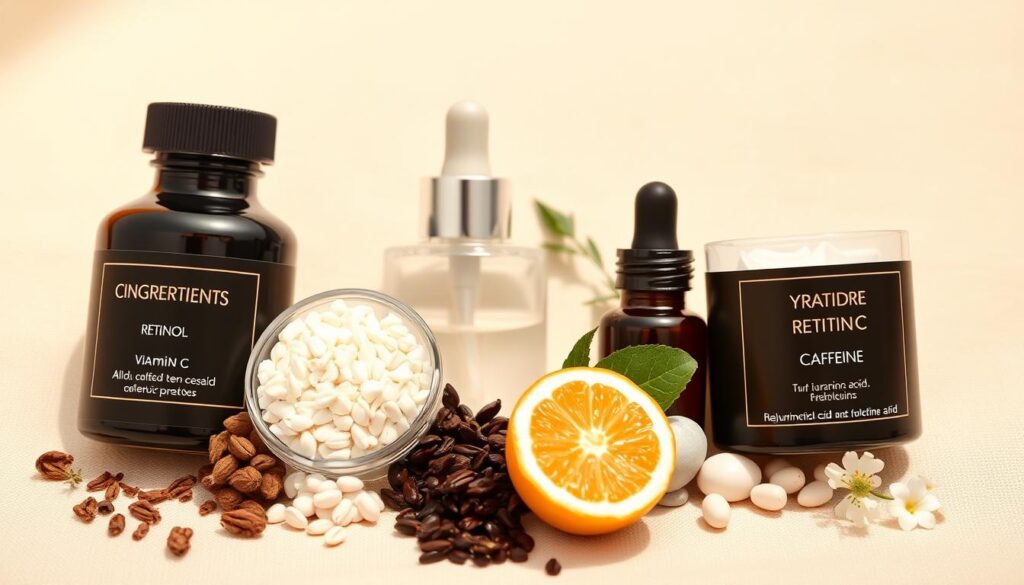 A high-resolution, close-up image of the key ingredients typically found in the best eye creams, such as retinol, vitamin C, caffeine, peptides, and hyaluronic acid. The ingredients are arranged in an elegant, visually-appealing layout, with each one presented in a clear, well-lit manner against a soft, neutral background. The lighting is warm and diffused, creating a luxurious, spa-like atmosphere. The camera angle is slightly elevated to provide a slightly elevated perspective, highlighting the texture and quality of the ingredients. The overall composition is balanced and harmonious, drawing the viewer's attention to the essential components of an effective eye cream.