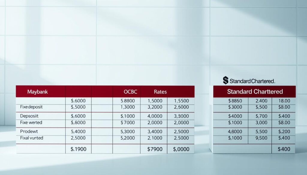 A high-resolution, detailed image of a financial table displaying the fixed deposit rates from Maybank, OCBC, and Standard Chartered banks. The table is set against a clean, minimalist background with subtle grid lines to emphasize the data. The lighting is soft and natural, creating a professional, authoritative atmosphere. The angles and perspective are chosen to provide a clear, unobstructed view of the table, making the information easily readable. The overall mood is one of clarity, precision, and financial expertise, reflecting the subject matter of the article section.