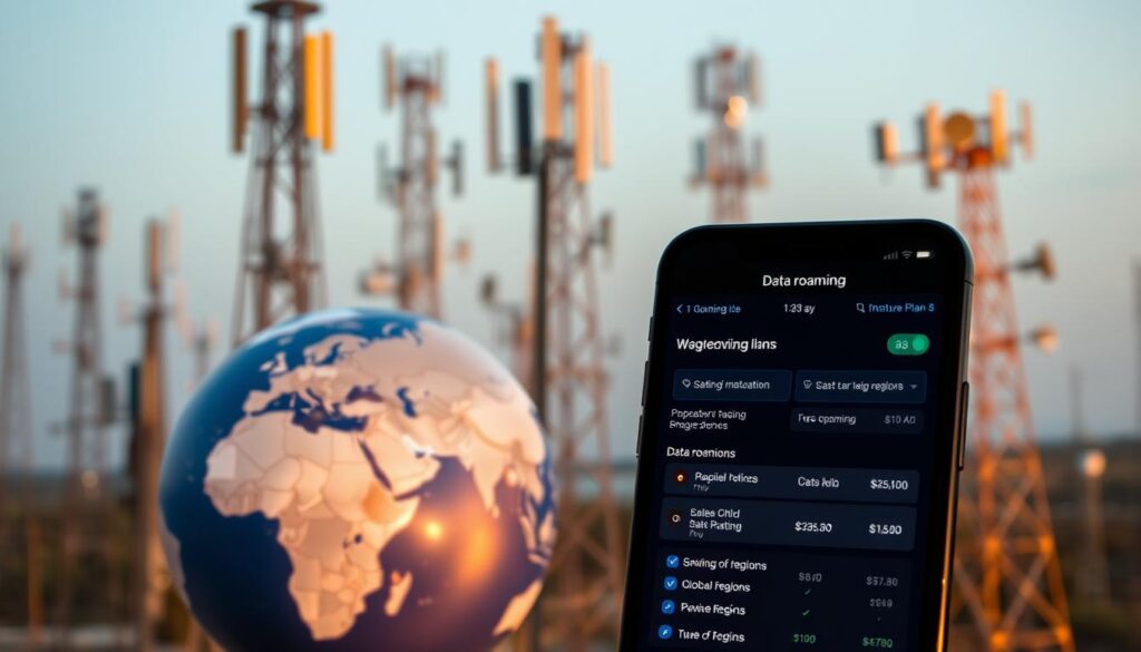 A high-resolution, detailed image of worldwide data roaming options. In the foreground, a smartphone displaying a data roaming plan interface, showing various pricing tiers and available regions. The middle ground features a globe with highlighted countries, indicating global coverage. In the background, a network of cellular towers and satellite dishes, conveying the expansive international connectivity. The scene is lit with a soft, warm lighting, creating a professional and informative atmosphere. The image is captured from a slightly elevated angle, providing a comprehensive view of the data roaming capabilities.