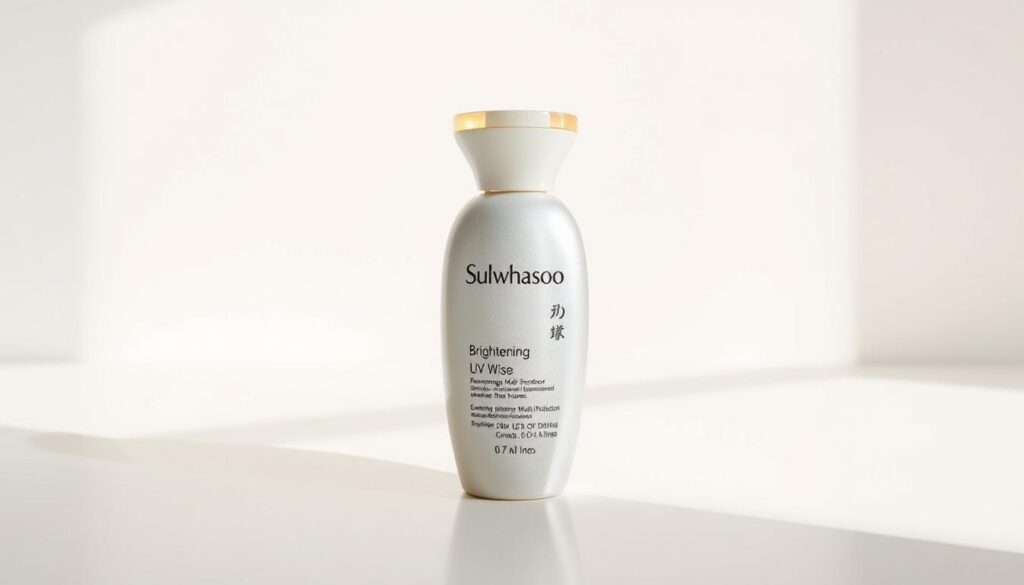 A high-resolution, detailed product shot of the Sulwhasoo UV Wise Brightening Multi Protector sunscreen bottle placed on a clean, minimalist background. The bottle is centered and illuminated with soft, natural lighting, showcasing its sleek, elegant design and the product's shimmering, pearlescent finish. The label is clearly visible, highlighting the brand name, product name, and key features such as "brightening" and "multi protector". The overall composition is well-balanced, drawing the viewer's attention to the product's luxurious, high-quality appearance.