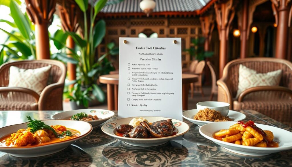 A high-resolution image of a carefully curated Peranakan dining table evaluation criteria. The foreground features a selection of traditional Peranakan dishes, including Nyonya laksa, Babi Pongteh, and Ayam Buah Keluak, arranged with precision on delicate ceramic plates. The middle ground showcases a detailed checklist with categories such as authenticity, flavor profile, presentation, and service quality. In the background, a lush tropical setting with rattan furniture and intricate Peranakan architectural details creates a warm, inviting ambiance. The lighting is soft and natural, accentuating the vibrant colors and textures of the scene. The overall composition conveys a sense of thoughtful curation and deep appreciation for the nuances of Peranakan culinary excellence.
