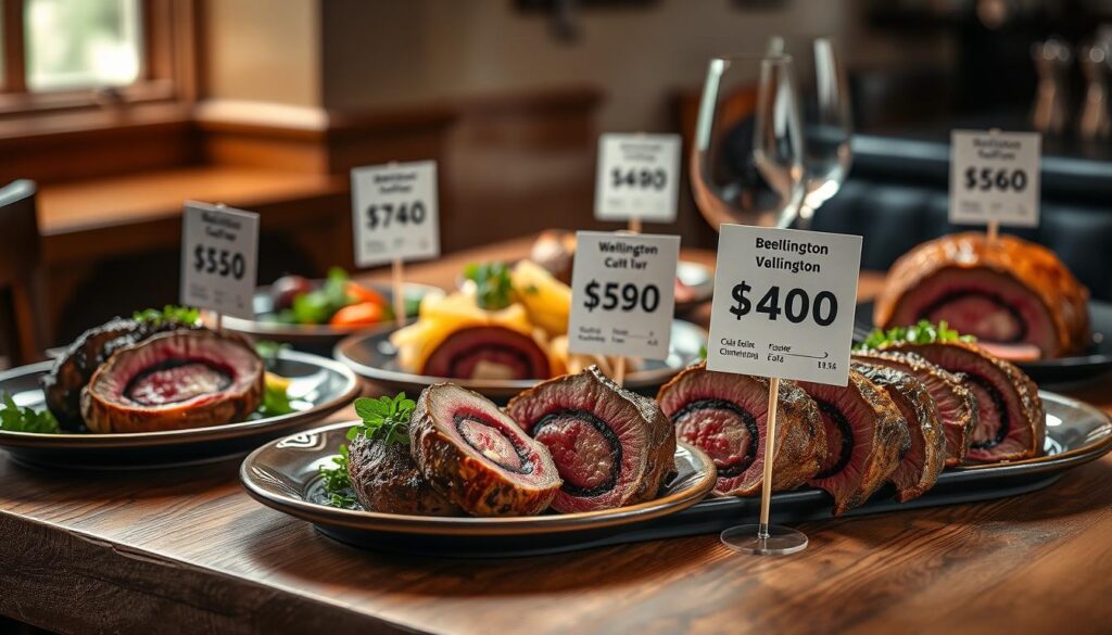 A high-resolution image of beef wellington dishes on a wooden table, with price tags prominently displayed. The scene is well-lit, using a combination of natural and studio lighting, with a soft, warm color palette. The dishes are arranged in a visually appealing manner, showcasing the various cuts and preparations of beef wellington, allowing for a clear comparison of the price points. The background is slightly blurred, keeping the focus on the food and the price information. The overall atmosphere is one of culinary elegance and attention to detail, reflecting the premium nature of the dish.