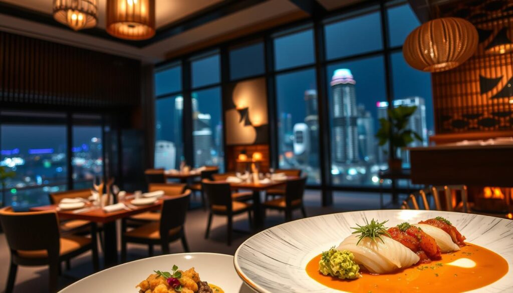 A high-resolution photograph of a curated selection of the best Japanese restaurants in Singapore, captured in a sophisticated and visually appealing manner. The image showcases the refined ambiance, attention to detail, and exquisite culinary offerings that characterize these establishments. The foreground features beautifully plated dishes, highlighting the artistry and craftsmanship of the chefs. The middle ground showcases the inviting interiors of the restaurants, with elegant decor, soft lighting, and tasteful accents that create a warm and welcoming atmosphere. The background provides a glimpse of the vibrant city skyline, hinting at the cosmopolitan setting of these culinary gems. The overall composition conveys a sense of refined sophistication, capturing the essence of the Japanese dining experience in Singapore. A high-resolution photograph of a curated selection of the best Japanese restaurants in Singapore, captured in a sophisticated and visually appealing manner. The image showcases the refined ambiance, attention to detail, and exquisite culinary offerings that characterize these establishments. The foreground features beautifully plated dishes, highlighting the artistry and craftsmanship of the chefs. The middle ground showcases the inviting interiors of the restaurants, with elegant decor, soft lighting, and tasteful accents that create a warm and welcoming atmosphere. The background provides a glimpse of the vibrant city skyline, hinting at the cosmopolitan setting of these culinary gems. The overall composition conveys a sense of refined sophistication, capturing the essence of the Japanese dining experience in Singapore.