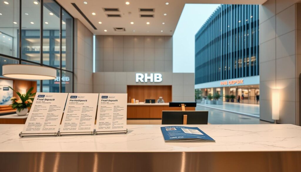 A high-resolution, photorealistic image of the RHB Bank fixed deposit options. The foreground features a sleek, modern bank counter with a polished marble surface and brushed steel accents. On the counter, there are several brochures and information pamphlets detailing the various fixed deposit products offered by RHB Bank, including different interest rates, terms, and minimum deposit amounts. The middle ground showcases the bank's interior, with high ceilings, floor-to-ceiling windows, and elegant lighting fixtures that create a warm, inviting atmosphere. The background depicts the exterior of the RHB Bank building, a contemporary architectural masterpiece with a clean, minimalist design and prominent signage. The overall scene conveys a sense of professionalism, reliability, and financial stability associated with RHB Bank's fixed deposit offerings.