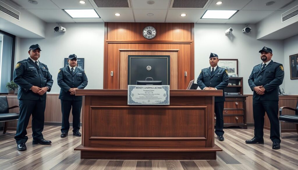 A high-security, well-lit office interior with a large wooden desk featuring a prominently displayed money lending license. The desk is flanked by two imposing security guards standing at attention, their uniforms crisp and professional. In the background, a wall-mounted safe and surveillance cameras convey the strict security measures in place. The overall atmosphere exudes an air of authority, trust, and reliability, befitting a reputable licensed money lender.