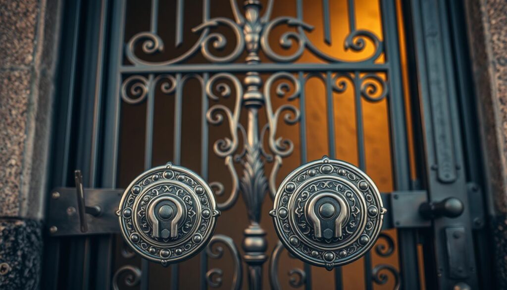 A highly detailed and specialized gate, its intricate metalwork gleaming under warm, directional lighting. Unique door locks in the foreground, their complex mechanisms and intricate patterns commanding attention. The background features a subtly textured wall, creating a sense of depth and sophistication. The entire scene exudes an air of exclusivity and expert craftsmanship, befitting the specialized nature of these security features. A highly detailed and specialized gate, its intricate metalwork gleaming under warm, directional lighting. Unique door locks in the foreground, their complex mechanisms and intricate patterns commanding attention. The background features a subtly textured wall, creating a sense of depth and sophistication. The entire scene exudes an air of exclusivity and expert craftsmanship, befitting the specialized nature of these security features.