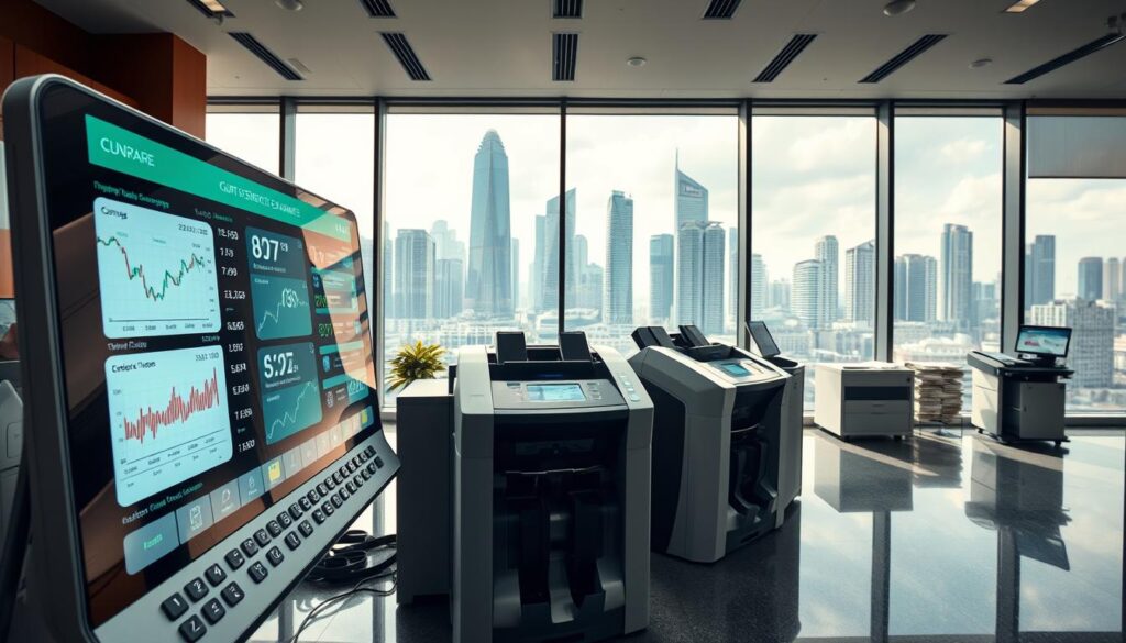 A highly detailed and technical image of smart currency exchange tools, captured with a wide-angle lens in a well-lit office setting. The foreground features a sleek, modern digital currency exchange platform with intuitive touch-screen controls, exchange rate charts, and secure transaction processing interfaces. In the middle ground, a set of advanced currency counting machines and cash sorting equipment. The background showcases a panoramic view of the bustling Singapore skyline through large windows, conveying a sense of efficiency, innovation, and global financial connectivity.