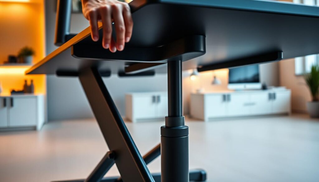 A highly detailed, close-up view of a height-adjustable desk, showcasing its key features. The desk is positioned in a modern, minimalist office setting with warm, indirect lighting. The foreground focuses on the desk's smooth, sleek height adjustment mechanism, with the user's hand elegantly manipulating the controls. In the middle ground, the desk's sturdy, adjustable legs are prominently displayed, highlighting the desk's ability to accommodate different user heights. The background features a clean, clutter-free workspace, emphasizing the desk's integration into a productive, ergonomic environment.