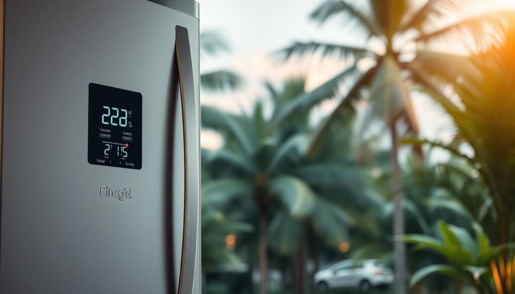 A highly detailed, photorealistic image of an energy efficient refrigerator's temperature control system. The foreground shows a sleek, modern refrigerator with a transparent display panel, showcasing the intuitive digital temperature controls and energy efficiency settings. The middle ground depicts a cutaway view, revealing the internal mechanisms and insulation that enable precise, energy-saving temperature regulation. The background features a tropical, lush Singapore setting, with palm trees and warm, diffused lighting, emphasizing the refrigerator's suitability for the local climate. The overall scene conveys a sense of technological sophistication, environmental awareness, and seamless integration into a comfortable, tropical home environment.