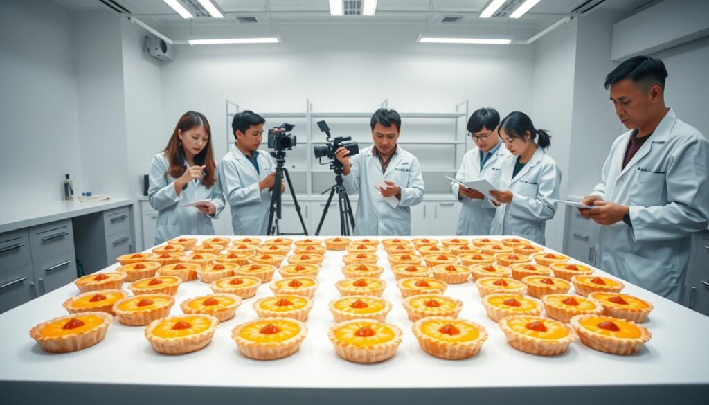 A laboratory-style setting with a bright, well-lit table showcasing an array of meticulously arranged pineapple tarts. In the foreground, a team of food critics in white lab coats carefully examine and evaluate each tart, taking notes and discussing their findings. In the middle ground, high-quality photography equipment captures the process, while the background features minimalist shelving and clean, clinical surfaces. The overall mood is one of systematic analysis and discerning professionalism, conveying the rigorous evaluation process behind selecting the best pineapple tarts in Singapore.