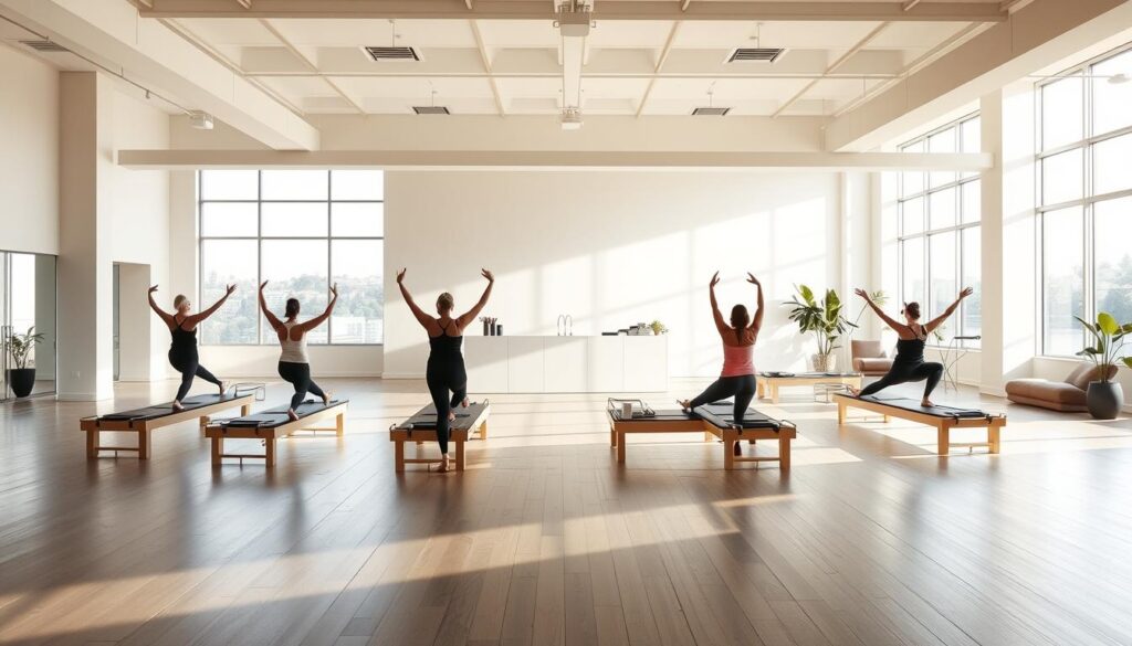 A large, airy Pilates studio with sunlight flooding through floor-to-ceiling windows, illuminating the sleek, minimalist decor. In the foreground, a group of people gracefully performing Pilates exercises on state-of-the-art equipment, their movements fluid and focused. The middle ground features a pristine reception area with a welcoming, modern aesthetic. In the background, a tranquil, zen-like lounge area with plush seating and calming plants. The overall atmosphere is one of serene sophistication, inviting visitors to immerse themselves in a premium, personalized Pilates experience.