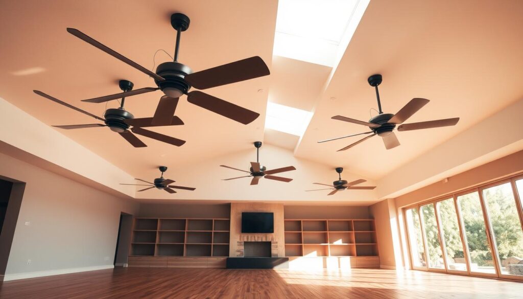 A large, airy room with powerful ceiling-mounted fans that generate a strong, consistent airflow. The fans are industrial-grade, with sturdy metal blades that slice through the air, creating a refreshing breeze. The room is bathed in warm, natural light from large windows, casting a cozy glow over the space. The floor is covered in smooth, polished hardwood, and the walls are painted in a soothing, neutral tone. The room is sparsely furnished, with minimalist decor that allows the airflow to circulate freely. The overall atmosphere is one of relaxation and comfort, making it an ideal space for lounging or entertaining during hot, humid days.