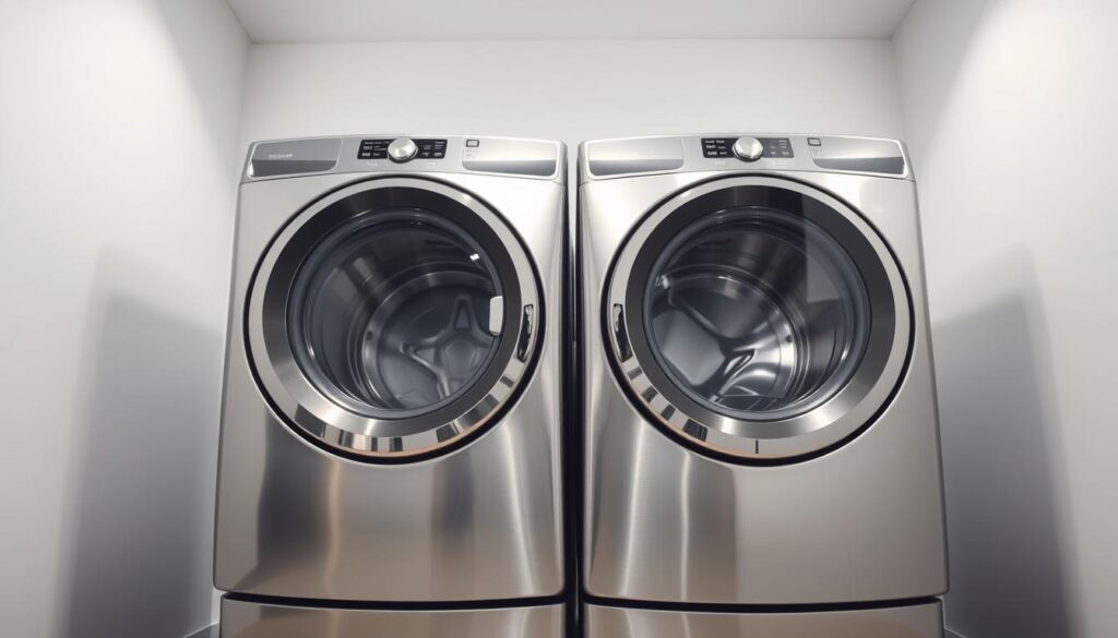 A large, gleaming top-load washer standing prominently in a well-lit, minimalist laundry room. The stainless steel exterior gleams under soft, directional lighting, highlighting its sleek and modern design. The washer's capacious interior is visible through a transparent glass lid, inviting the viewer to imagine its powerful cleaning capabilities. The machine is positioned against a backdrop of pristine white walls, creating a sense of order and cleanliness. Subtle reflections on the polished surface add depth and dimensionality to the scene, while a slight low-angle perspective emphasizes the washer's imposing size and presence, perfectly suited for a large family's laundry needs.