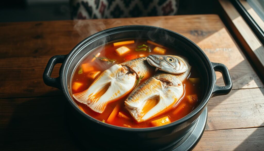 A large, steaming claypot filled with a savory broth, brimming with tender slices of fresh fish head, swimming alongside vibrant vegetables. The fish glistens under soft, warm lighting, its delicate flesh contrasting with the rich, aromatic sauce. Thick, fragrant steam rises, beckoning the senses. A wooden table, worn by years of use, provides a simple yet striking backdrop, allowing the star of the dish to shine. Shadows and highlights sculpt the scene, creating depth and a sense of homely, comforting atmosphere. This is Chang Long Fish Head Steamboat - an unassuming yet exceptional culinary delight.