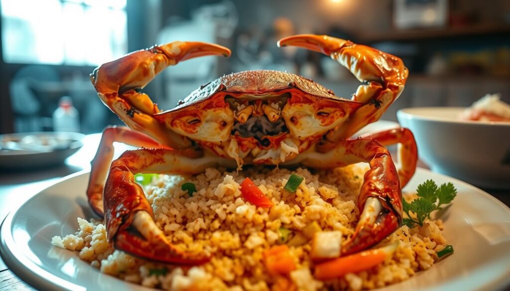 A large, steaming plate of succulent, kampong-style crab takes center stage, its shell cracked open to reveal the tender, juicy meat within. The crab is nestled on a bed of fragrant, ginger-infused rice, complemented by the vibrant colors and textures of fresh vegetables. Soft, ambient lighting casts a warm glow, creating an inviting, homey atmosphere that evokes the charm of a traditional Singaporean kampong setting. The image is captured with a wide-angle lens, highlighting the generous portion and the rustic, family-style presentation of this authentic, Singapore-style crab dish.