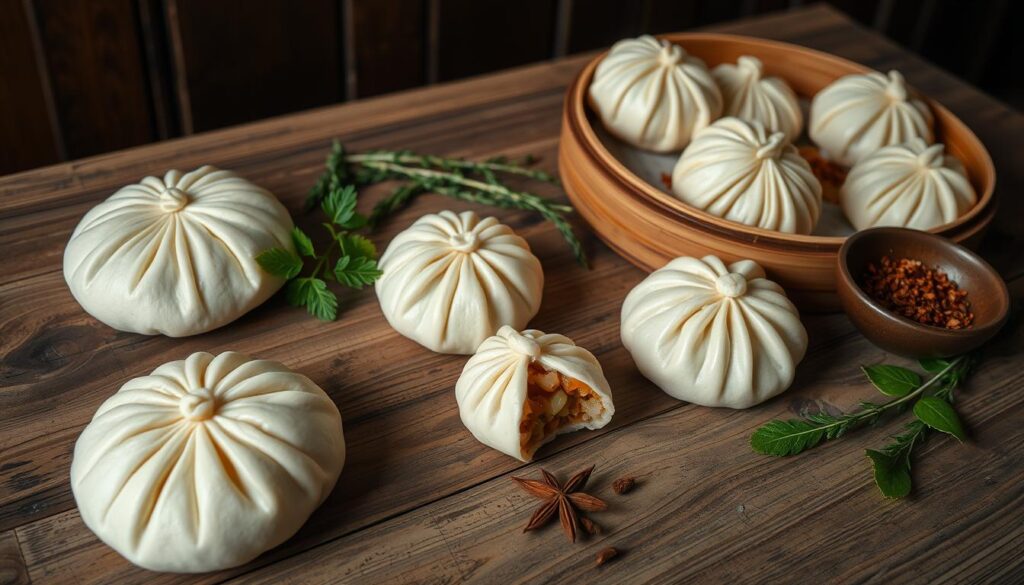 A large wooden table, its surface weathered and worn, is adorned with a carefully curated selection of handcrafted dim sum delicacies. Delicate steamed buns, their pillowy exteriors glistening, sit alongside intricately folded dumplings filled with savory ingredients. Fragrant herbs and spices add vibrant pops of color, while the soft, natural lighting casts a warm, inviting glow, capturing the artisanal care and attention that went into each piece. The overall composition conveys a sense of rustic elegance, inviting the viewer to savor the handmade charm and authentic flavors of this Swatow Seafood dim sum experience.