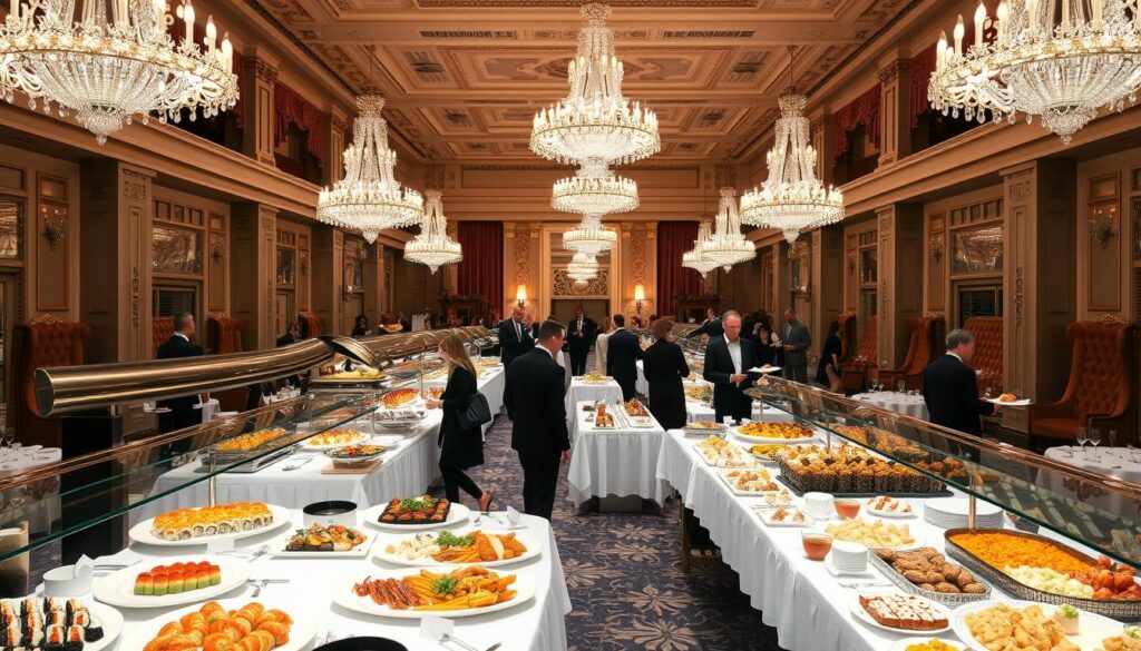 A lavish buffet dining setting in a grand, opulent hall. Ornate chandeliers illuminate the scene, casting a warm glow over the numerous culinary stations. In the foreground, an array of exquisite dishes, from sushi and seafood to decadent desserts, are artfully arranged on elegant white tablecloths. In the middle ground, well-dressed diners move between the stations, plates in hand, immersed in the high-end dining experience. The background features plush, velvet-upholstered chairs and intricate architectural details, conveying a sense of luxury and sophistication. The overall atmosphere is one of refined elegance and indulgence, inviting the viewer to imagine the sumptuous feast and the opulent setting.