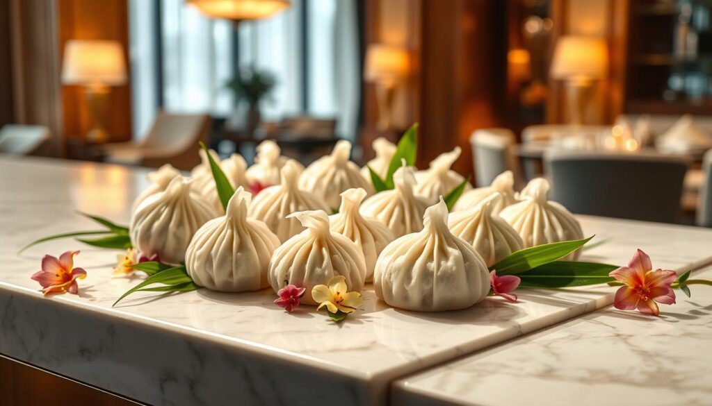 A lavish display of exquisite rice dumplings nestled in a luxurious hotel setting. Plump, glistening parcels artfully arranged on a white marble countertop, accented by delicate bamboo leaves and fragrant flowers. Soft, warm lighting casts a gentle glow, casting subtle shadows that highlight the intricate pleats and vibrant fillings. In the background, a glimpse of elegant decor and high-end furnishings conveys an atmosphere of refined sophistication. The dumplings themselves are presented with meticulous care, each one a masterful creation worthy of the finest five-star establishment.