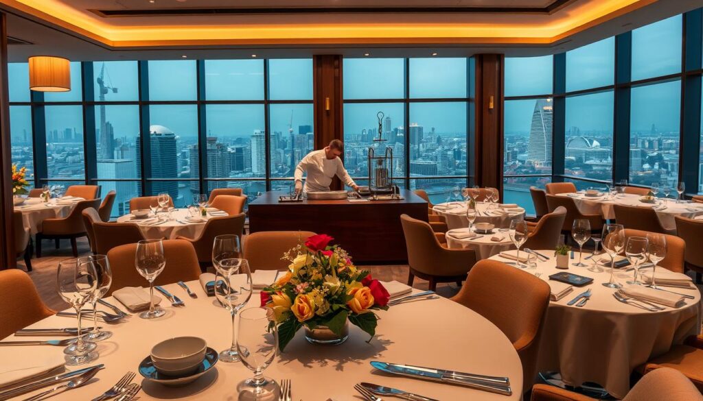 A lavish one-Michelin-star dining scene in Singapore, captured with a wide-angle lens and soft, natural lighting. The foreground showcases an elegantly set table with fine china, crystal glassware, and a centerpiece of fresh flowers. In the middle ground, chefs in crisp white uniforms meticulously prepare intricate dishes, their movements choreographed with precision. The background reveals a sophisticated dining room, with plush seating, warm wood tones, and floor-to-ceiling windows offering a panoramic view of the vibrant city skyline. An atmosphere of refined elegance, where culinary artistry and exceptional service converge to create an unforgettable dining experience.