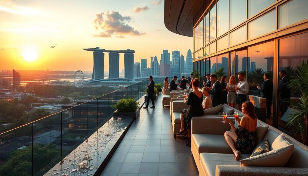 A lavish rooftop bar overlooking the glittering Singapore skyline. Plush lounge seating and elegant glass-walled terraces bathed in warm sunset hues. Lush greenery and cascading water features create an oasis of tranquility high above the bustling city streets. Impeccably dressed patrons sip craft cocktails as they gaze out at the iconic Marina Bay Sands and distant Singapore Flyer. Soft ambient lighting and a live jazz band set the mood for an unforgettable evening of sophisticated indulgence. A luxurious urban sanctuary offering unparalleled views and an atmosphere of refined elegance. A lavish rooftop bar overlooking the glittering Singapore skyline. Plush lounge seating and elegant glass-walled terraces bathed in warm sunset hues. Lush greenery and cascading water features create an oasis of tranquility high above the bustling city streets. Impeccably dressed patrons sip craft cocktails as they gaze out at the iconic Marina Bay Sands and distant Singapore Flyer. Soft ambient lighting and a live jazz band set the mood for an unforgettable evening of sophisticated indulgence. A luxurious urban sanctuary offering unparalleled views and an atmosphere of refined elegance.