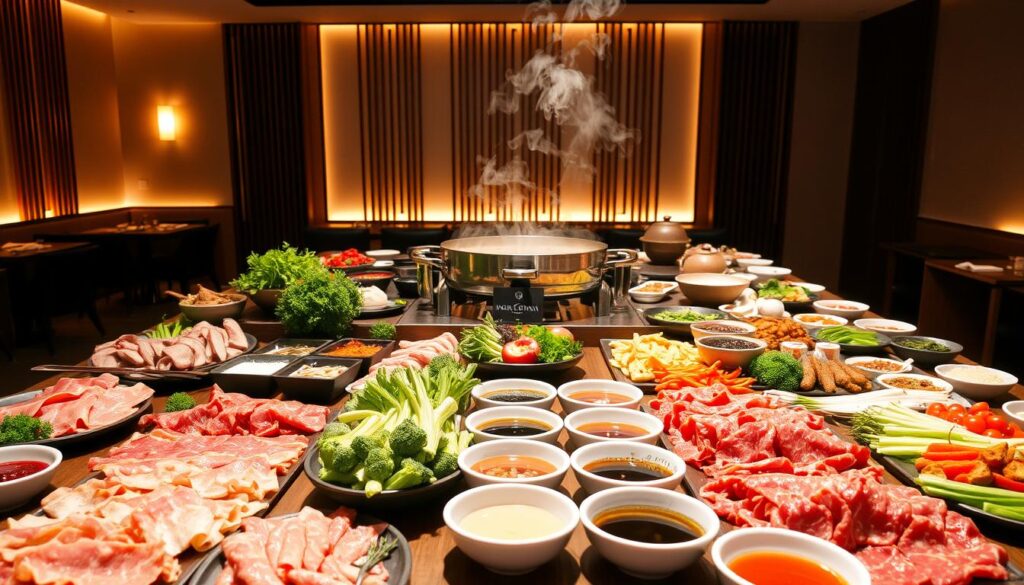 A lavish shabu shabu buffet spread, illuminated by warm, soft lighting, invites diners to indulge in a culinary adventure. In the foreground, an array of thinly sliced meats, fresh vegetables, and an assortment of dipping sauces are arranged on a long, wooden table, tempting the senses. The middle ground features a steaming hot pot, its bubbling broth infused with aromatic herbs and spices, ready to cook the ingredients to perfection. In the background, the scene is framed by a minimalist, modern decor, creating a sophisticated and inviting atmosphere for an all-you-can-eat shabu shabu experience.