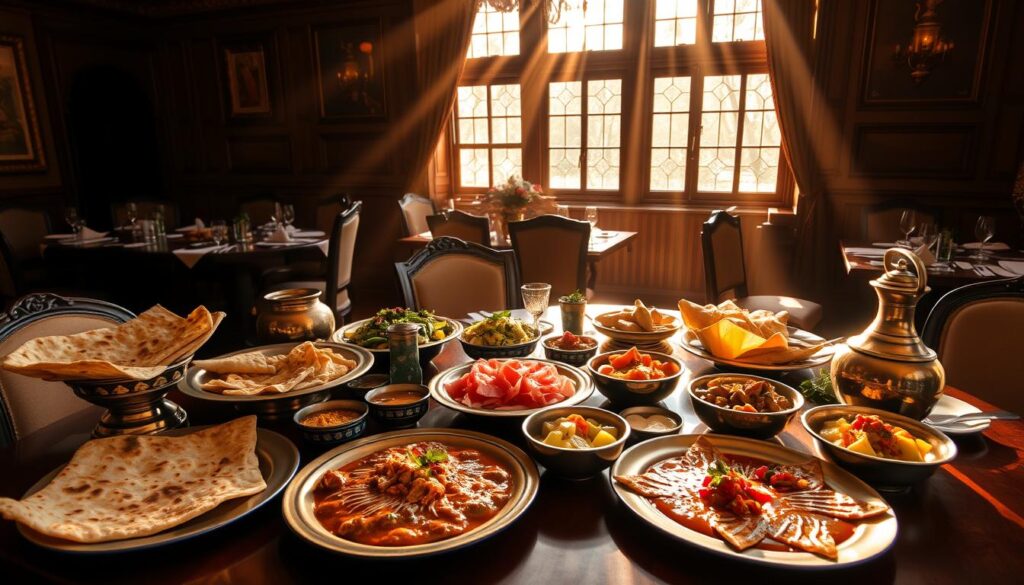A lavish spread of authentic North Indian delicacies presented on a wooden table in the elegant dining room of the Tiffin Room. Crisp naan breads, aromatic curries, and colorful vegetable dishes are arranged with care, surrounded by ornate brass serving platters and traditional Indian pottery. Shafts of warm, golden light pour in through large windows, casting a soft glow over the scene. The atmosphere is one of refined sophistication, where historic charm blends seamlessly with culinary excellence.