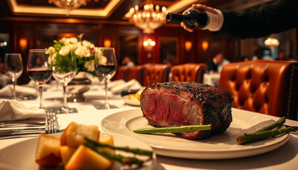 A lavish steakhouse setting, dimly lit with warm, golden hues casting a cozy ambiance. A meticulously laid table with crisp white linens, gleaming silverware, and a centerpiece of fresh flowers. In the foreground, a juicy, perfectly seared prime rib steak takes center stage, accompanied by a selection of gourmet sides like roasted garlic mashed potatoes and sautéed asparagus. The background features plush leather banquettes, polished wood paneling, and the faint silhouettes of other diners enjoying their special occasion meal. A sommelier pours a glass of rich, full-bodied red wine, completing the indulgent, sophisticated experience. A lavish steakhouse setting, dimly lit with warm, golden hues casting a cozy ambiance. A meticulously laid table with crisp white linens, gleaming silverware, and a centerpiece of fresh flowers. In the foreground, a juicy, perfectly seared prime rib steak takes center stage, accompanied by a selection of gourmet sides like roasted garlic mashed potatoes and sautéed asparagus. The background features plush leather banquettes, polished wood paneling, and the faint silhouettes of other diners enjoying their special occasion meal. A sommelier pours a glass of rich, full-bodied red wine, completing the indulgent, sophisticated experience.