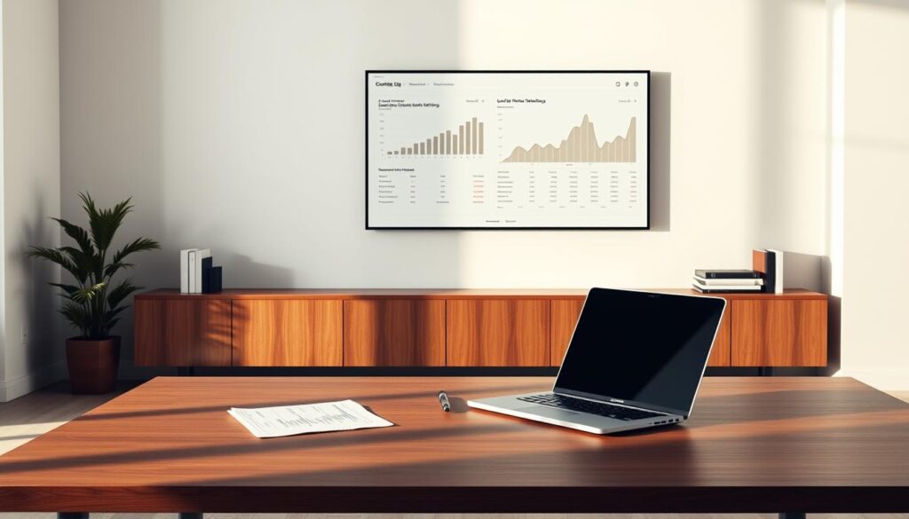 A law firm ranking methodology unfolds in a refined, minimalist setting. The foreground features a sleek, wooden desk with a laptop, papers, and a pen in a measured arrangement. Soft, directional lighting casts subtle shadows, evoking a sense of thoughtful analysis. In the middle ground, a large wall-mounted display shows a data visualization dashboard, its crisp lines and muted colors conveying the systematic evaluation of law firm performance metrics. The background comprises a neutral, off-white wall, emphasizing the clean, professional atmosphere. The overall composition strikes a balance between functionality and elegance, reflecting the rigor and clarity inherent in the law firm ranking process.