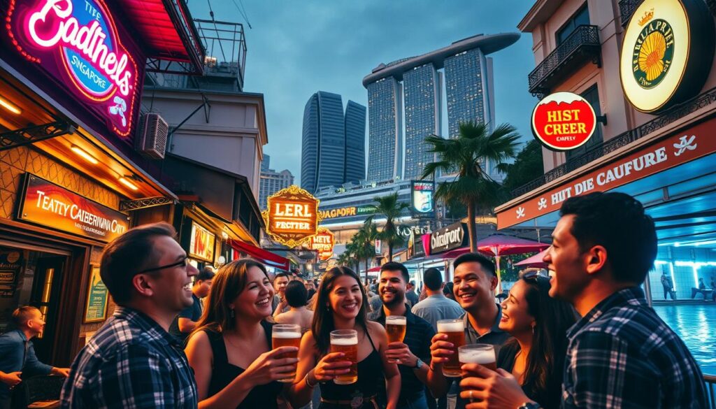 A lively Singapore pub crawl scene set in the vibrant nightlife district. In the foreground, a group of friends laughing and enjoying local craft beers, their faces illuminated by the warm glow of neon signs. In the middle ground, bustling streets lined with cozy pubs and bars, their facades adorned with intricate tile work and colonial-era architecture. The background features towering skyscrapers and the iconic Marina Bay Sands, casting a reflection in the calm waters below. A sense of energy and camaraderie permeates the scene, capturing the essence of Singapore's thriving beer culture. Shoot with a wide-angle lens to accentuate the depth and grandeur of the setting, using soft, diffused lighting to create an inviting, atmospheric mood.