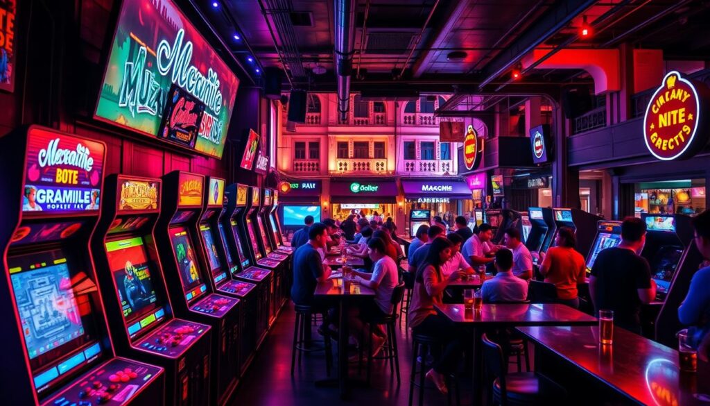 A lively arcade bar set in the vibrant Clarke Quay district, neon-soaked with retro gaming machines lining the dimly lit interior. The foreground features an array of classic arcade cabinets, their screens flickering with pixelated action, bathed in a kaleidoscope of colorful lighting. In the middle ground, patrons gathered around high-top tables, drinks in hand, immersed in a competitive gaming experience. The background showcases the iconic architecture of Clarke Quay, with its distinctive shophouses and bustling nightlife, creating an atmospheric backdrop for this modern gaming haven. Warm, ambient lighting and a lively, social atmosphere permeate the scene, capturing the essence of Clarke Quay's arcade bar experience. A lively arcade bar set in the vibrant Clarke Quay district, neon-soaked with retro gaming machines lining the dimly lit interior. The foreground features an array of classic arcade cabinets, their screens flickering with pixelated action, bathed in a kaleidoscope of colorful lighting. In the middle ground, patrons gathered around high-top tables, drinks in hand, immersed in a competitive gaming experience. The background showcases the iconic architecture of Clarke Quay, with its distinctive shophouses and bustling nightlife, creating an atmospheric backdrop for this modern gaming haven. Warm, ambient lighting and a lively, social atmosphere permeate the scene, capturing the essence of Clarke Quay's arcade bar experience.