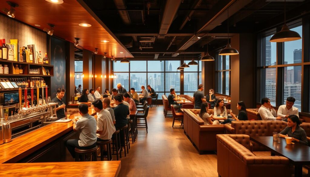 A lively, bustling craft beer bar in Singapore, with a warm, inviting atmosphere. The foreground features a long, wooden bar lined with taps of various craft brews, bartenders expertly pouring drinks. Patrons sit at the bar and at small tables, engaged in animated conversations. The middle ground showcases a cozy seating area with plush leather couches and armchairs, creating a relaxed, lounge-like vibe. The background reveals floor-to-ceiling windows, offering a view of the city skyline. Soft, golden lighting illuminates the space, casting a pleasant glow. The overall scene conveys a welcoming, convivial setting for enjoying Singapore's thriving craft beer culture.