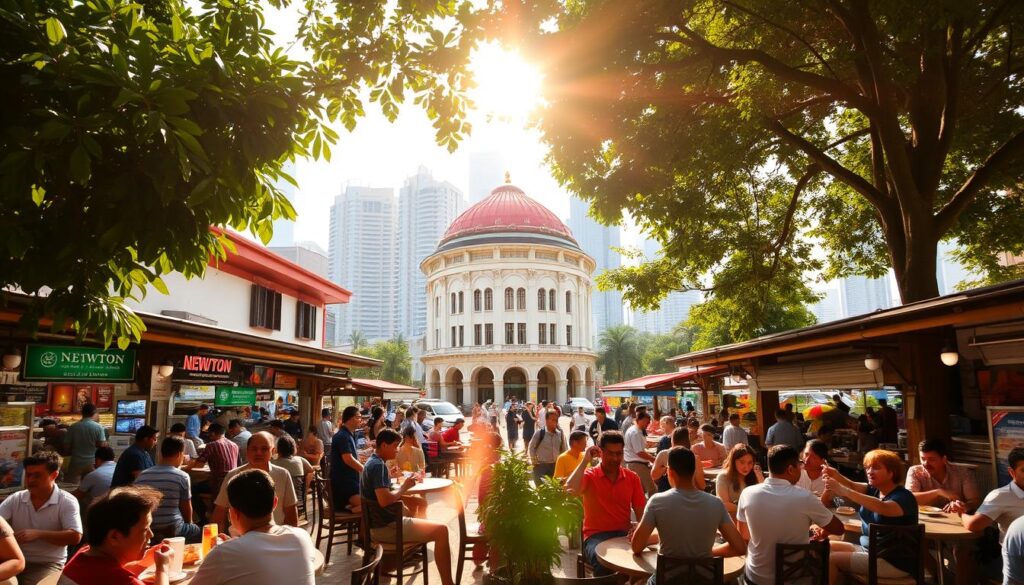 A lively open-air food court at Newton Food Centre, with a vibrant array of stalls and lively patrons seated at round tables under the shade of lush tropical foliage. Warm afternoon sunlight filters through the leafy canopy, casting a golden glow on the bustling scene. In the foreground, a mix of locals and tourists enjoy an array of Singaporean delicacies, from steaming bowls of laksa to sizzling satay skewers. The middle ground features the iconic Newton Circus landmark, its distinctive curved roofline and ornate architectural details adding a touch of heritage charm. In the background, towering high-rises and the distant city skyline provide a modern urban backdrop, creating a unique blend of old and new. An atmosphere of conviviality and culinary excitement fills the air, inviting the viewer to imagine the mouthwatering flavors and lively atmosphere of this renowned Singaporean food haven.