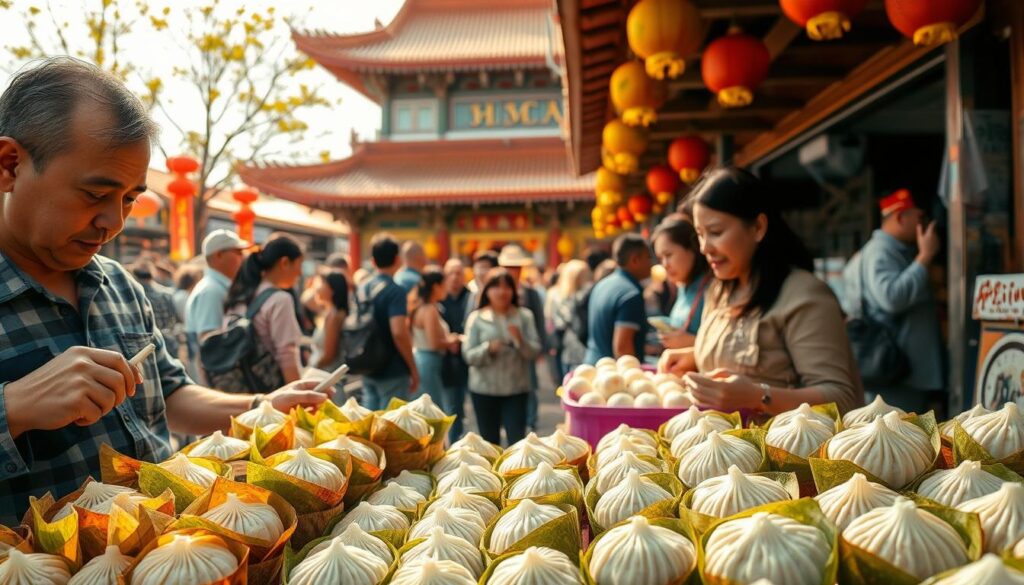 A lively outdoor market scene on a sunny Dragon Boat Festival day. In the foreground, a vibrant display of various rice dumplings - steaming hot, wrapped in colorful bamboo leaves, and arranged in neat rows. A customer carefully examines the dumplings, considering their different fillings and textures. The middle ground features a bustling crowd of locals and tourists, their expressions anticipating the upcoming festival celebrations. In the background, a traditional Chinese temple stands, its ornate architecture providing a cultural backdrop. The lighting is warm and inviting, casting a golden glow over the entire scene. An aperture of f/5.6 creates a shallow depth of field, keeping the dumplings in sharp focus while softening the surrounding elements.