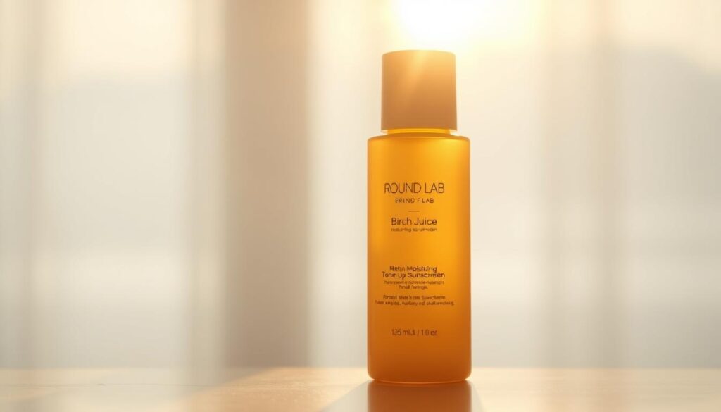 A luminous, radiant sunscreen bottle set against a softly blurred backdrop. The bottle's surface gleams with a pearlescent sheen, reflecting warm, golden light. The formula within appears to glow from within, emitting a subtle, healthy luminosity. In the foreground, the bottle is positioned at a slight angle, drawing the viewer's eye to its elegant, minimalist design. The background is hazy and atmospheric, with a sense of tranquility and serenity, evoking a relaxing, spa-like ambiance. The overall scene conveys a sense of luxurious, nourishing sun protection, perfect for the "Round Lab Birch Juice Moisturizing Tone Up Sunscreen: The Radiant Favorite" section.