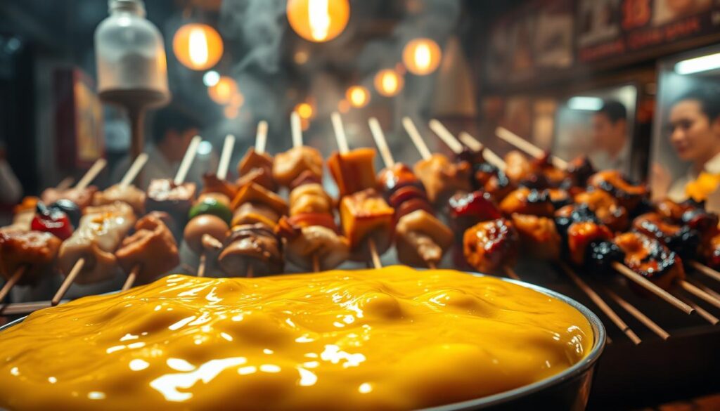 A luscious array of steaming hot lok lok skewers, the centerpiece being a captivating salted egg sauce variety. The foreground showcases the glistening, golden-hued sauce, its rich and creamy texture inviting the senses. In the middle ground, an assortment of perfectly cooked meats, seafood, and vegetables are arranged artfully on wooden skewers, each item a distinct and tempting morsel. The background features a dimly lit, atmospheric setting, hinting at the bustling energy of a lively Singaporean hawker center. Warm, dramatic lighting casts a soft, enticing glow, heightening the sensory experience. The overall scene emanates a mouthwatering allure, perfectly capturing the essence of the "DLLM Lok Lok - Salted Egg Sensation".