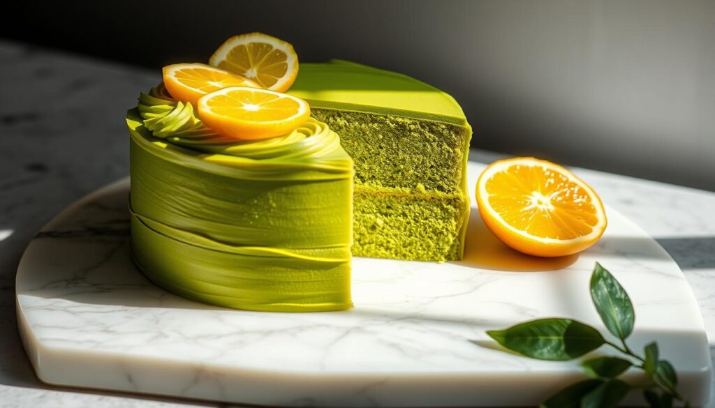 A luscious matcha yuzu cake rests on a marble slab, its vibrant green hue accented by delicate swirls of creamy frosting. Sliced yuzu citrus adds a zesty pop of color, complementing the earthy matcha flavor. Soft natural light cascades over the scene, casting gentle shadows that enhance the cake's silky texture. The mise-en-scène evokes a sense of artisanal craftsmanship and homespun indulgence, capturing the essence of "Dignus Amoris," a home-based bakery turned sensational success. A luscious matcha yuzu cake rests on a marble slab, its vibrant green hue accented by delicate swirls of creamy frosting. Sliced yuzu citrus adds a zesty pop of color, complementing the earthy matcha flavor. Soft natural light cascades over the scene, casting gentle shadows that enhance the cake's silky texture. The mise-en-scène evokes a sense of artisanal craftsmanship and homespun indulgence, capturing the essence of "Dignus Amoris," a home-based bakery turned sensational success.