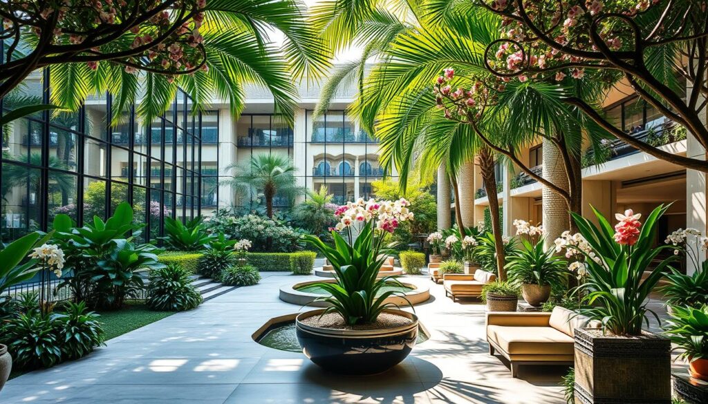 A lush, botanical oasis of tranquility in the heart of bustling Orchard Road. Imposing, glass-paneled facades give way to a verdant, sun-dappled courtyard, its pathways winding through vibrant foliage and cascading water features. Ornate, sculptural trellises frame the scene, casting intricate shadows upon the polished stone floors. Luxurious lounge areas, their plush furnishings complemented by artfully curated floral arrangements, invite guests to bask in the serene ambiance. Overhead, a canopy of verdant palms and blooming orchids filters the warm, golden light, evoking a sense of tropical grandeur. This is the botanical-inspired luxury of the Four Seasons Hotel Singapore, a harmonious blend of nature and opulence.