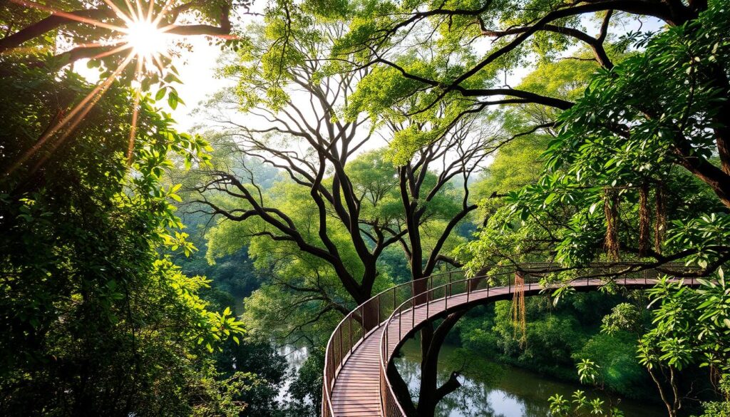 A lush canopy of verdant foliage, the treetop walkway at MacRitchie Reservoir winds gracefully through the treetops. Sunlight filters gently through the leaves, casting a warm, natural glow. In the middle ground, the wooden boardwalk snakes along, offering a bird's-eye view of the tranquil waters below. The background is filled with towering trees, their branches reaching skyward, creating a serene, untamed atmosphere. The scene evokes a sense of peaceful exploration, inviting the viewer to immerse themselves in Singapore's iconic natural wonder.