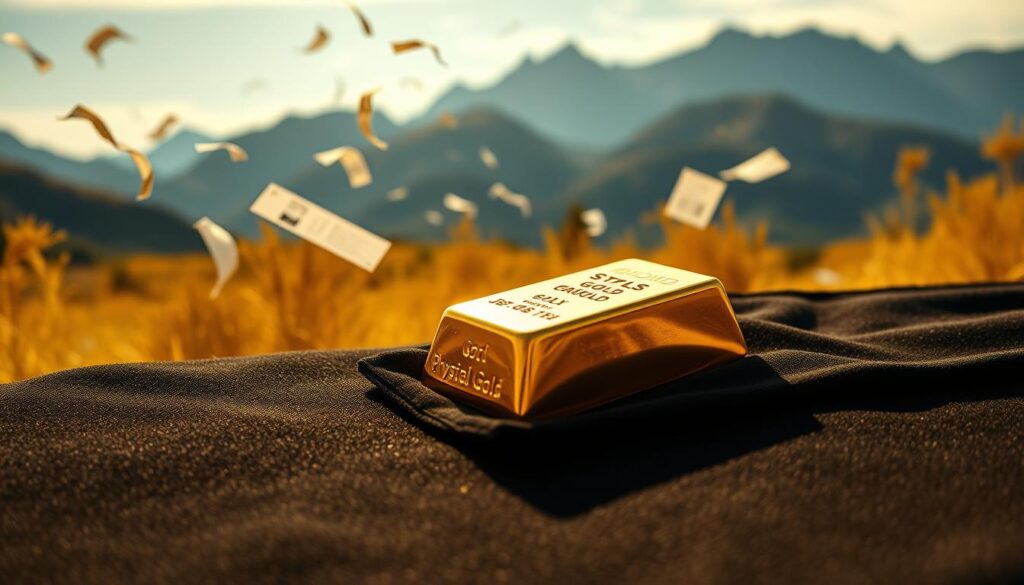 A lush, golden landscape, a visual metaphor for the contrast between physical gold and paper gold investments. In the foreground, a gleaming gold bullion bar rests upon a black velvet surface, its reflective surface capturing the light. In the middle ground, stocks, bonds, and financial documents flutter in the wind, representing the ephemeral nature of paper-based investments. The background depicts a majestic mountain range, a symbol of the enduring value and stability of physical gold. The scene is illuminated by a warm, natural light, creating a sense of timeless elegance and solidity. Captured through a wide-angle lens, the composition draws the viewer's eye towards the central objects, inviting contemplation on the merits of tangible versus intangible wealth.
